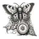 A surreal scene of a moth perched on a philosopher's stone, blending the client's fascination with moths and the mysteries of life tattoo design idea