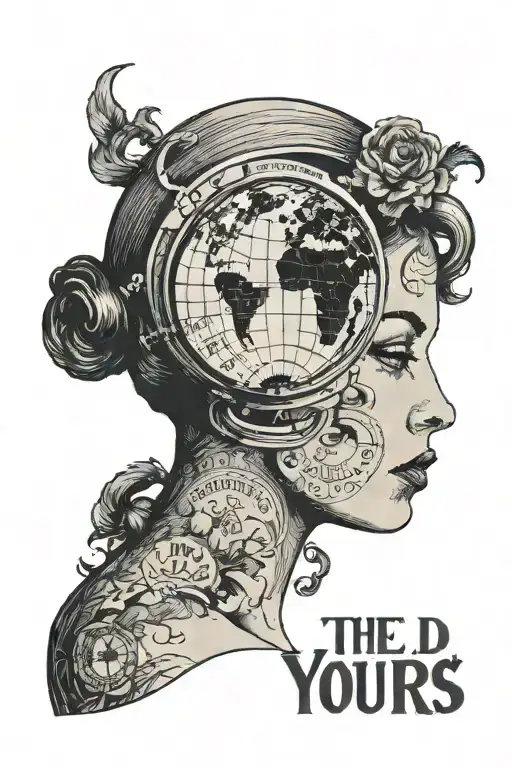 the world is yours text on a globe covering half a womans face tattoo design idea