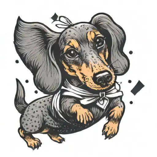 A cute dachshund dressed in a cheerleading outfit, jumping in the air with a big smile on its face tattoo design idea