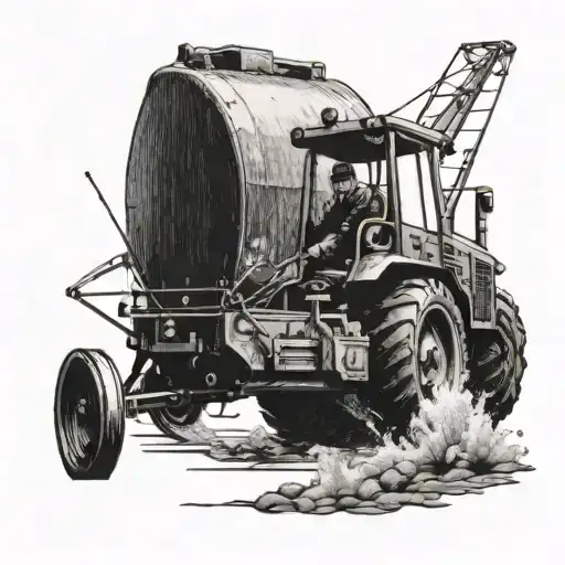 A detailed fishing scene with a heavy equipment operator driving a tractor in the background tattoo design idea