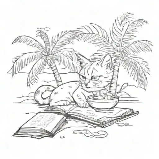 A tattoo design of a cat lounging on the beach under a palm tree, with a book and a bowl of popcorn nearby tattoo design idea