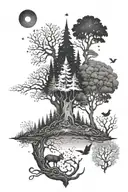 A tattoo featuring a mystical forest scene with elements of witchcraft and neurodiversity advocacy subtly incorporated into the design tattoo design idea