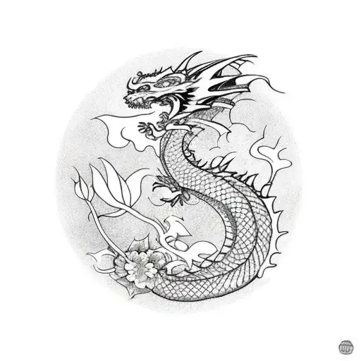 Dragon with flower and ivy with colour  tattoo design idea