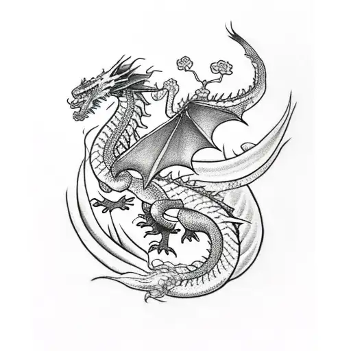 Dragon with flower and ivy tattoo design idea
