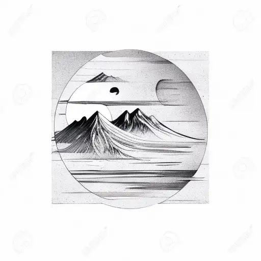 arabic calligraphy with mountain and moon tattoo design idea