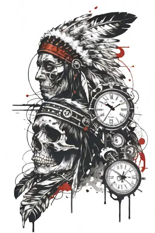 Native American with Skull and clock tattoo design idea