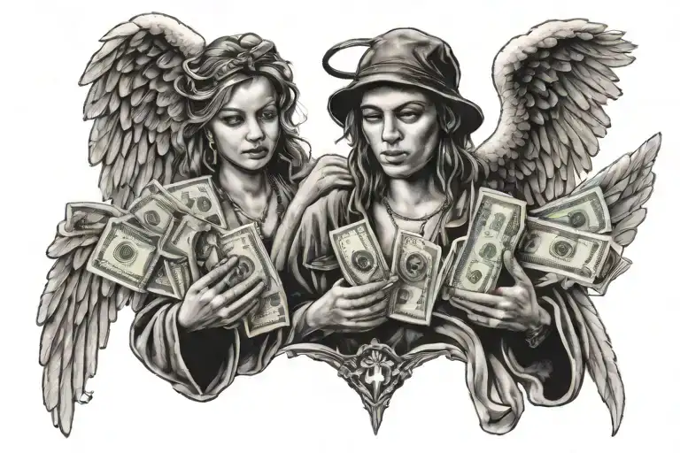 angel with money and drug dealer tattoo style phrases tattoo design idea