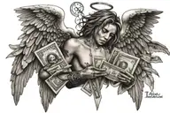 angel with money and drug dealer tattoo style phrases tattoo design idea