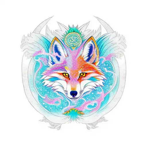 majestic nine-tailed kitsune surrounded by ethereal foxfire in a vibrant shade of turquoise. The kitsune should be portr tattoo design idea