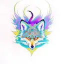 majestic nine-tailed kitsune surrounded by ethereal foxfire in a vibrant shade of turquoise. The kitsune should be portr tattoo design idea