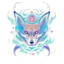 majestic nine-tailed kitsune surrounded by ethereal foxfire in a vibrant shade of turquoise. The kitsune should be portr tattoo design idea