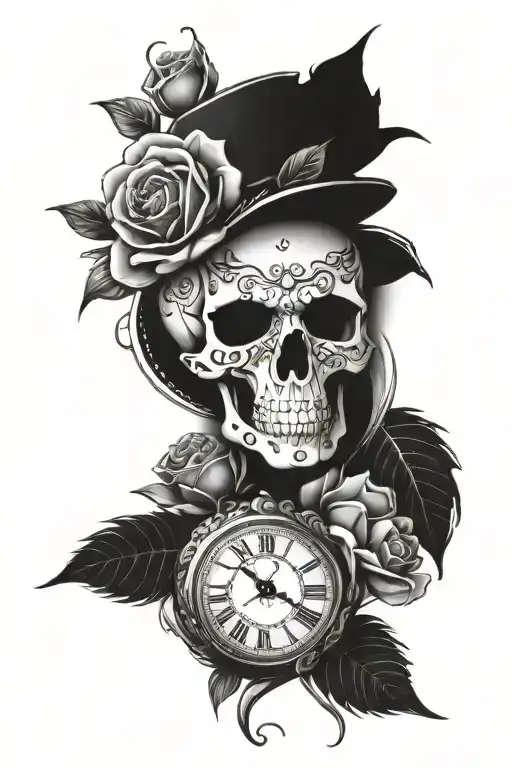 Skull, Roses and clock tattoo design idea