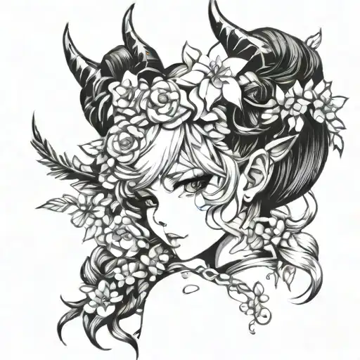 girl without flowers with horns tattoo design idea
