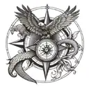 compass with eagle and a snake intertwined tattoo design idea