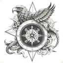 compass with eagle and a snake intertwined tattoo design idea