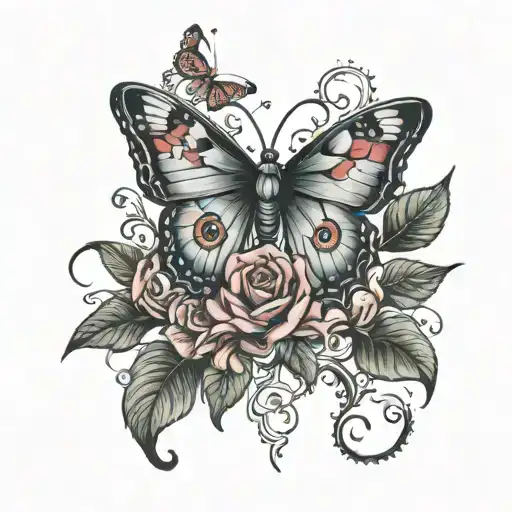 rose bud steam setting butterfly resting tattoo design idea