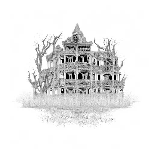 An intricate blackwork tattoo of a crumbling abandoned building with overgrown vines and trees tattoo design idea