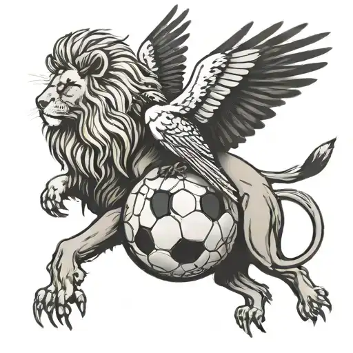 magpie flying on-top of a lion on-top of a soccer ball  tattoo design idea