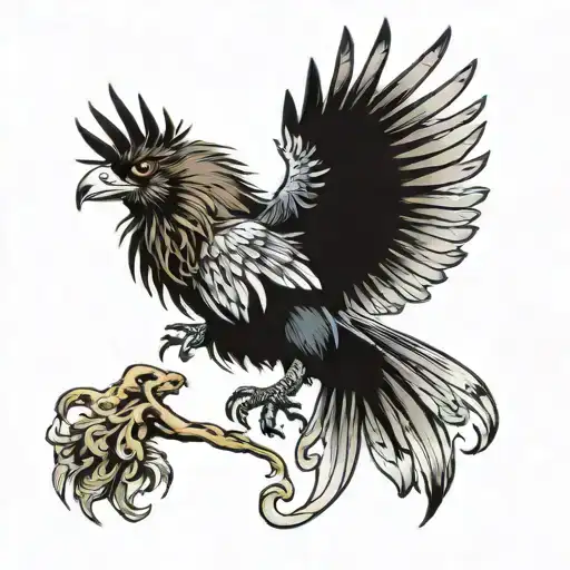 magpie flying on-top of a lion  tattoo design idea