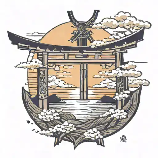 torii, sunset, two katanas, tattoo design featuring tattoo design idea