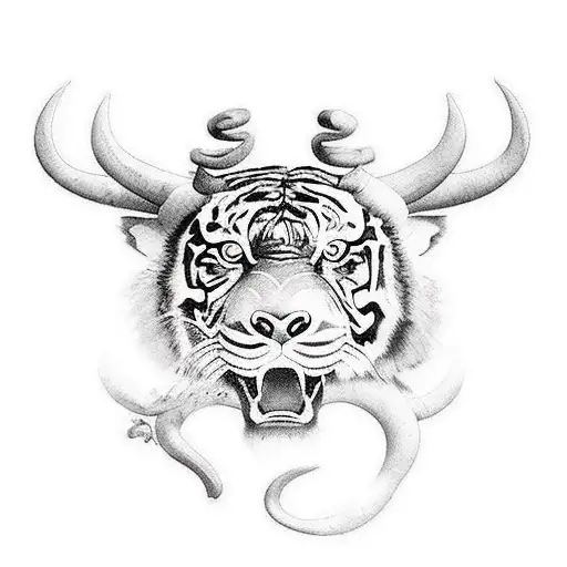 Chinese zodiac animal with an ox head and a tiger body. fierce but not cheesy tattoo design idea