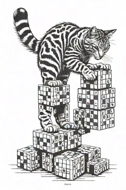 a grey tabby cat stood on a stack of rubiks cubes trying to reach and play with some film strip tattoo design idea