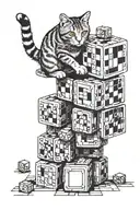 a grey tabby cat stood on a stack of rubiks cubes trying to reach and play with some film strip tattoo design idea