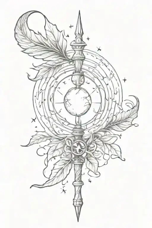 A sketch tattoo of a magical wand casting a spell with a moon and laurel leaf incorporated, representing the power of miracles and trust in magic from Harry Potter tattoo design idea