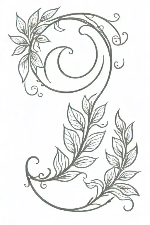 A minimalist tattoo design of a crescent moon with a laurel leaf intertwined, symbolizing the magic of miracles in life inspired by Harry Potter tattoo design idea