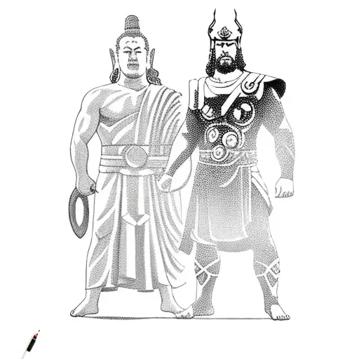 Thor and Buddha standing side by side, with the viking ship sailing in the background tattoo design idea