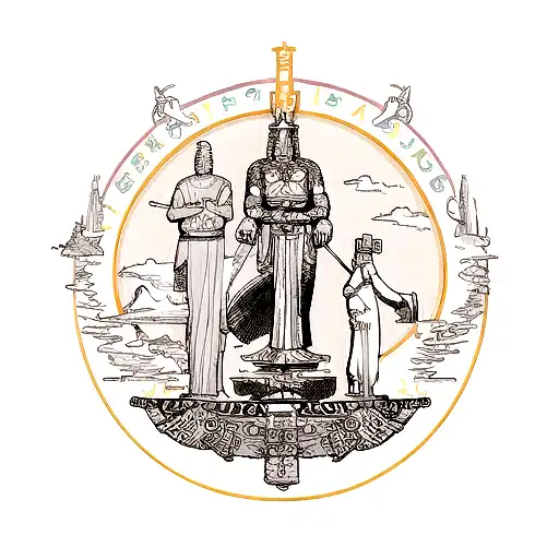 Thor and Buddha standing side by side, with the viking ship sailing in the background tattoo design idea