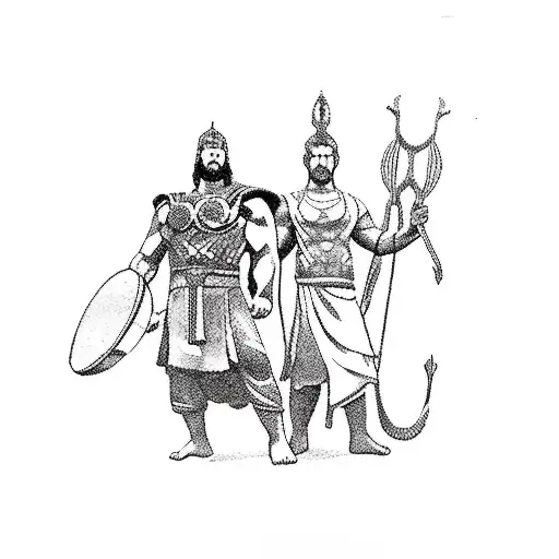 Thor and Buddha standing side by side, with the viking ship sailing in the background tattoo design idea