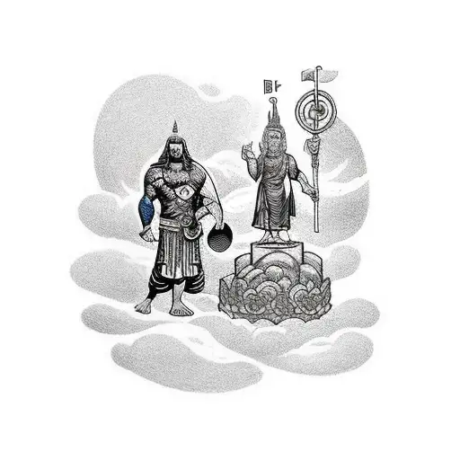Thor and Buddha standing side by side, with the viking ship sailing in the background tattoo design idea