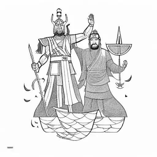 Thor and Buddha standing side by side, with the viking ship sailing in the background tattoo design idea
