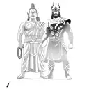 Thor and Buddha standing side by side, with the viking ship sailing in the background tattoo design idea