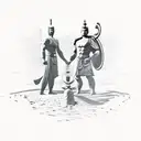 Thor and Buddha standing side by side, with the viking ship sailing in the background tattoo design idea