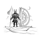 Thor and Buddha standing side by side, with the viking ship sailing in the background tattoo design idea