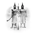 Thor and Buddha standing side by side, with the viking ship sailing in the background tattoo design idea