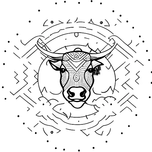 Dotwork bull surrounded by rising and falling stock market arrows tattoo design idea