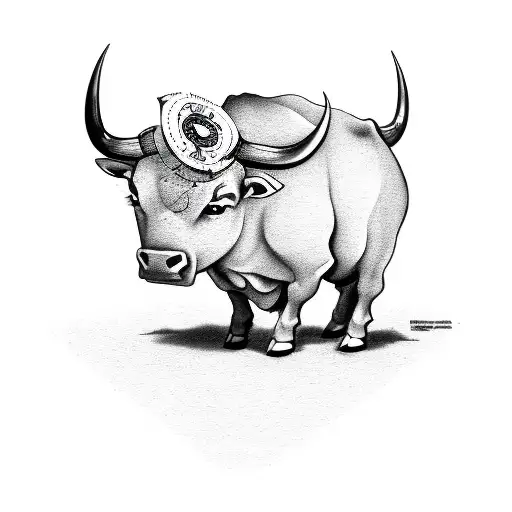 A bull with a dollar sign branded on its side, surrounded by rising stock market arrows tattoo design idea