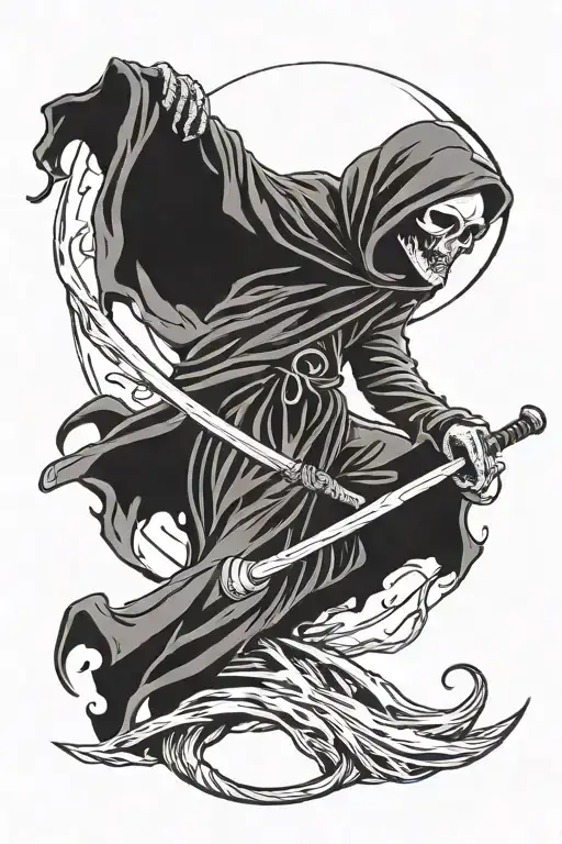 grim reaper with scythe looking moon tattoo design idea