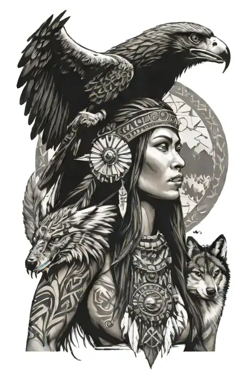 tribal native american sleeve with woman and wolf, arrowhead, and eagle symbol  tattoo design idea