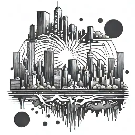 An abstract design incorporating elements of hiphop culture and the New York skyline tattoo design idea