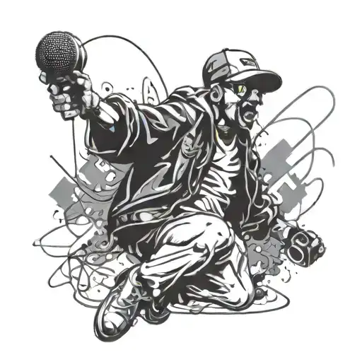 Incorporate elements of hiphop culture (microphone, boombox, graffiti) into a dynamic dance scene tattoo design idea
