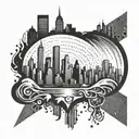 An abstract design incorporating elements of hiphop culture and the New York skyline tattoo design idea