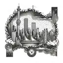 An abstract design incorporating elements of hiphop culture and the New York skyline tattoo design idea
