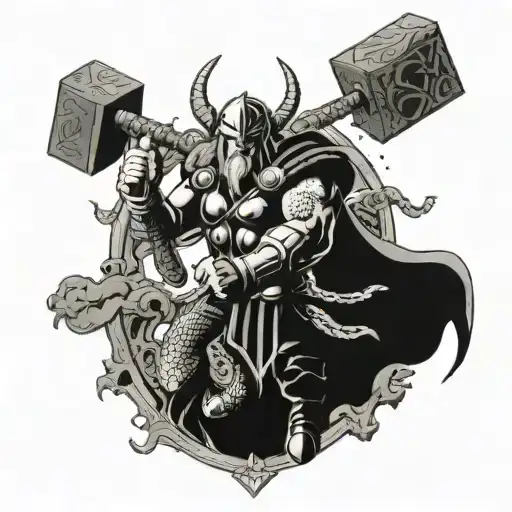 A dynamic and powerful design featuring Thor wielding his hammer Mjölnir in a fierce battle with the Midgard Serpent, incorporating the runes of Thurisaz, Fehu, and Uruz in the background tattoo design idea
