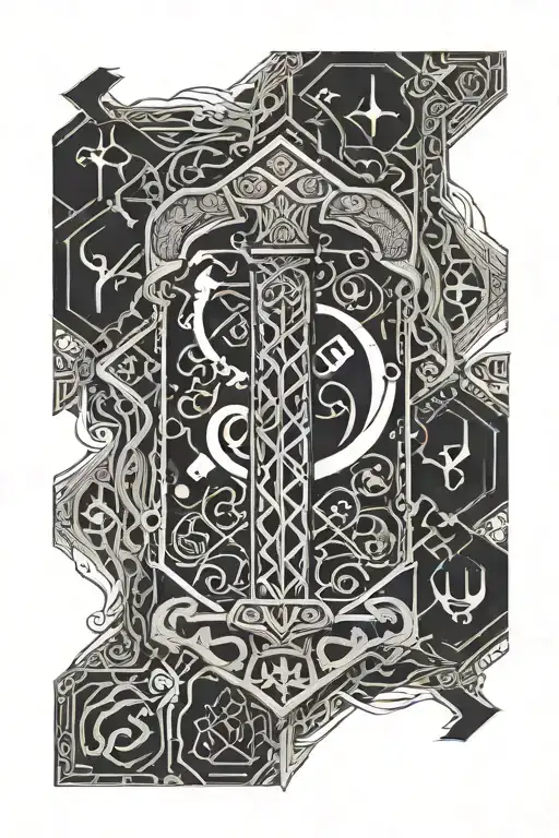 A minimalist and modern design of Thor's hammer Mjölnir surrounded by the runes of Thurisaz, Fehu, and Uruz, all interconnected in a geometric pattern tattoo design idea