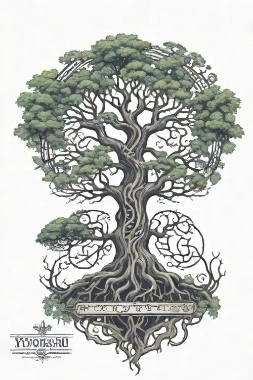 A mystical and enchanting tattoo of Yggdrasil, the World Tree, with Thor sitting beneath it, surrounded by the runes of Thurisaz, Fehu, and Uruz floating in the branches tattoo design idea
