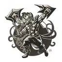 A dynamic and powerful design featuring Thor wielding his hammer Mjölnir in a fierce battle with the Midgard Serpent, incorporating the runes of Thurisaz, Fehu, and Uruz in the background tattoo design idea